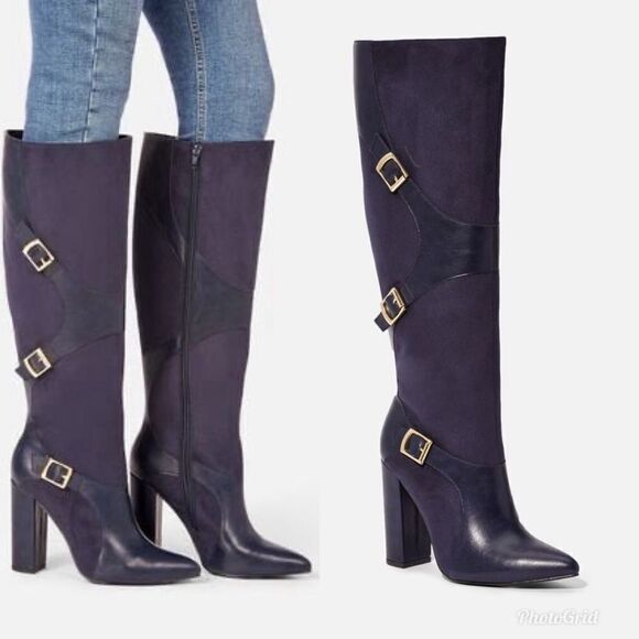 JustFab Shoes - JUSTFAB Yelda Navy Blue Gold Buckle Knee High Heeled Pointed Toe Boots